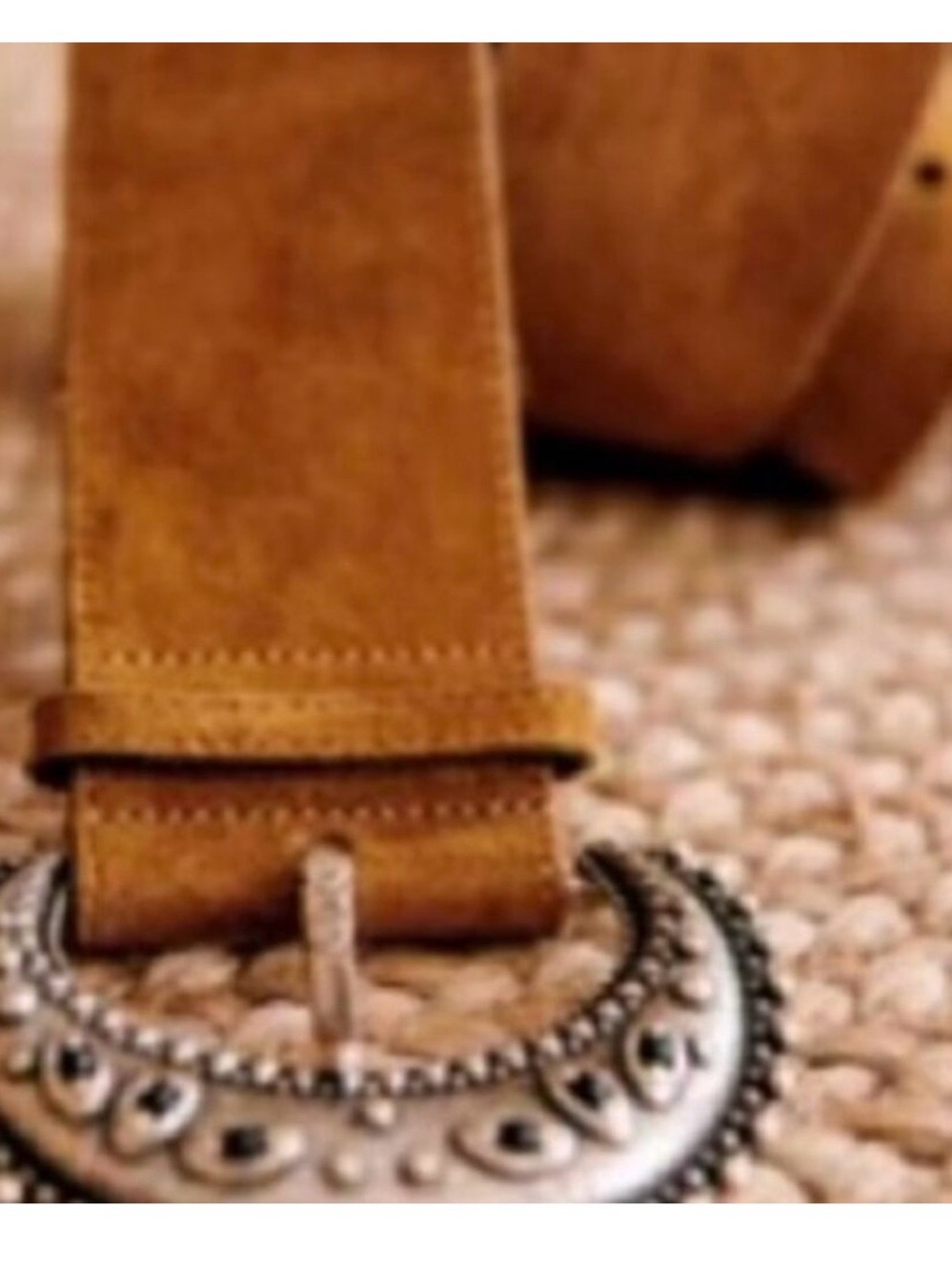 Sezane Louve Tan Suede Belt with Ornate Silver-Tone Buckle